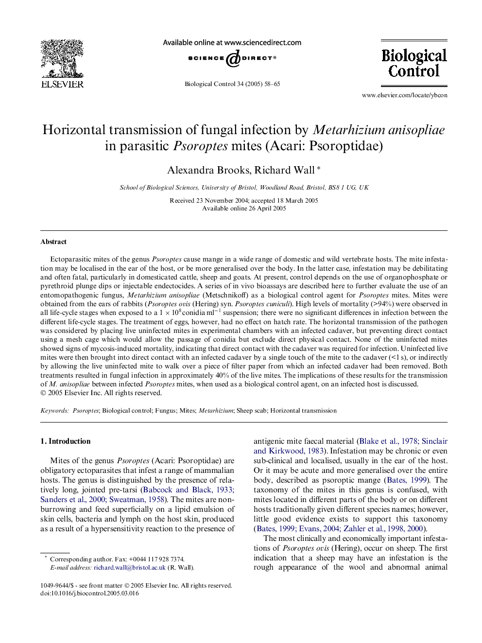 Horizontal transmission of fungal infection by Metarhizium anisopliae in parasitic Psoroptes mites (Acari: Psoroptidae)