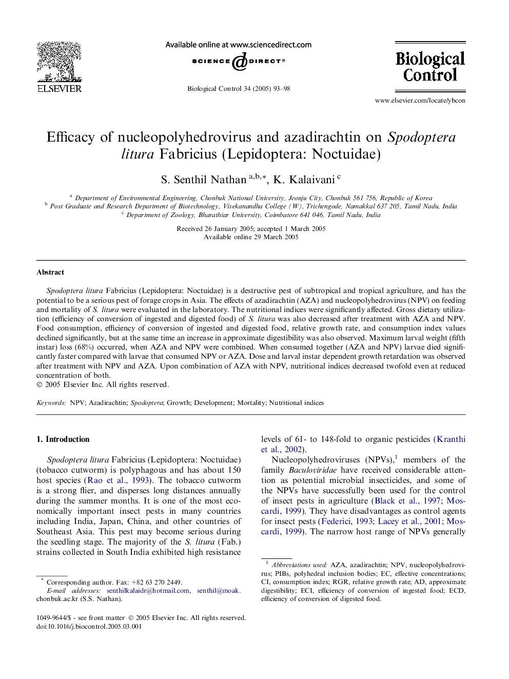 Efficacy of nucleopolyhedrovirus and azadirachtin on Spodoptera litura Fabricius (Lepidoptera: Noctuidae)
