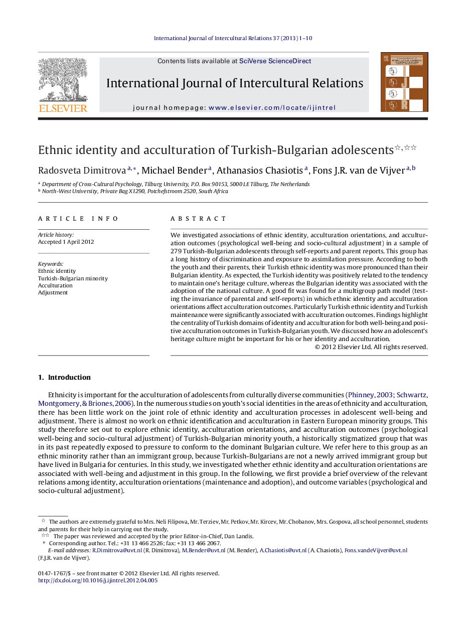 Ethnic identity and acculturation of Turkish-Bulgarian adolescents 