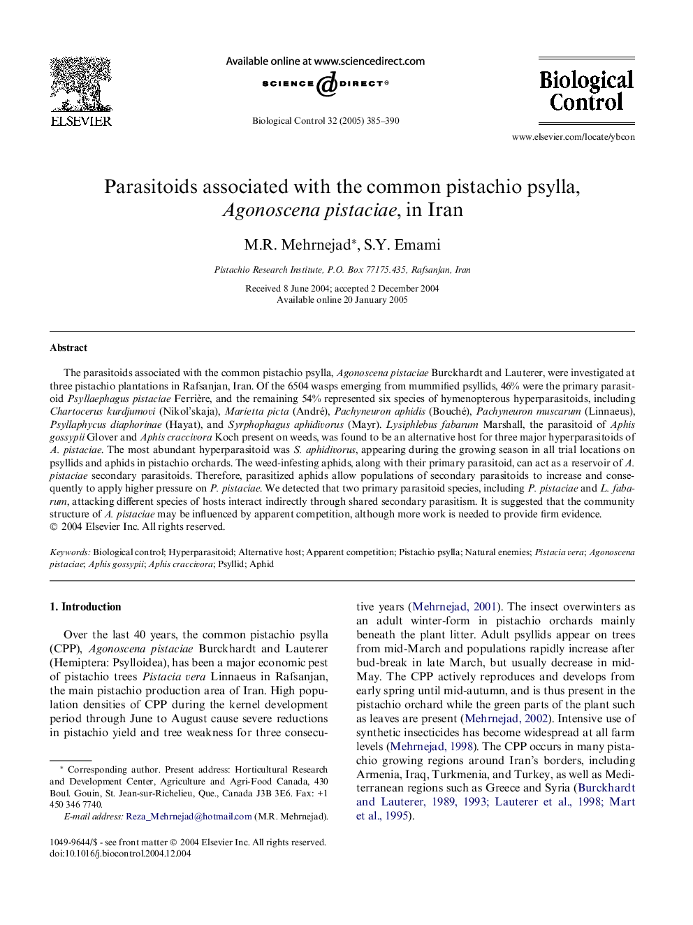 Parasitoids associated with the common pistachio psylla, Agonoscena pistaciae, in Iran
