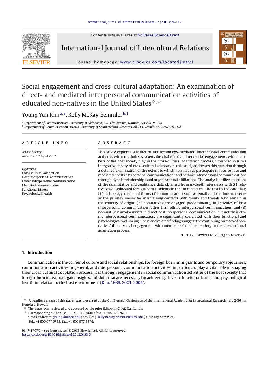 Social engagement and cross-cultural adaptation: An examination of direct- and mediated interpersonal communication activities of educated non-natives in the United States 