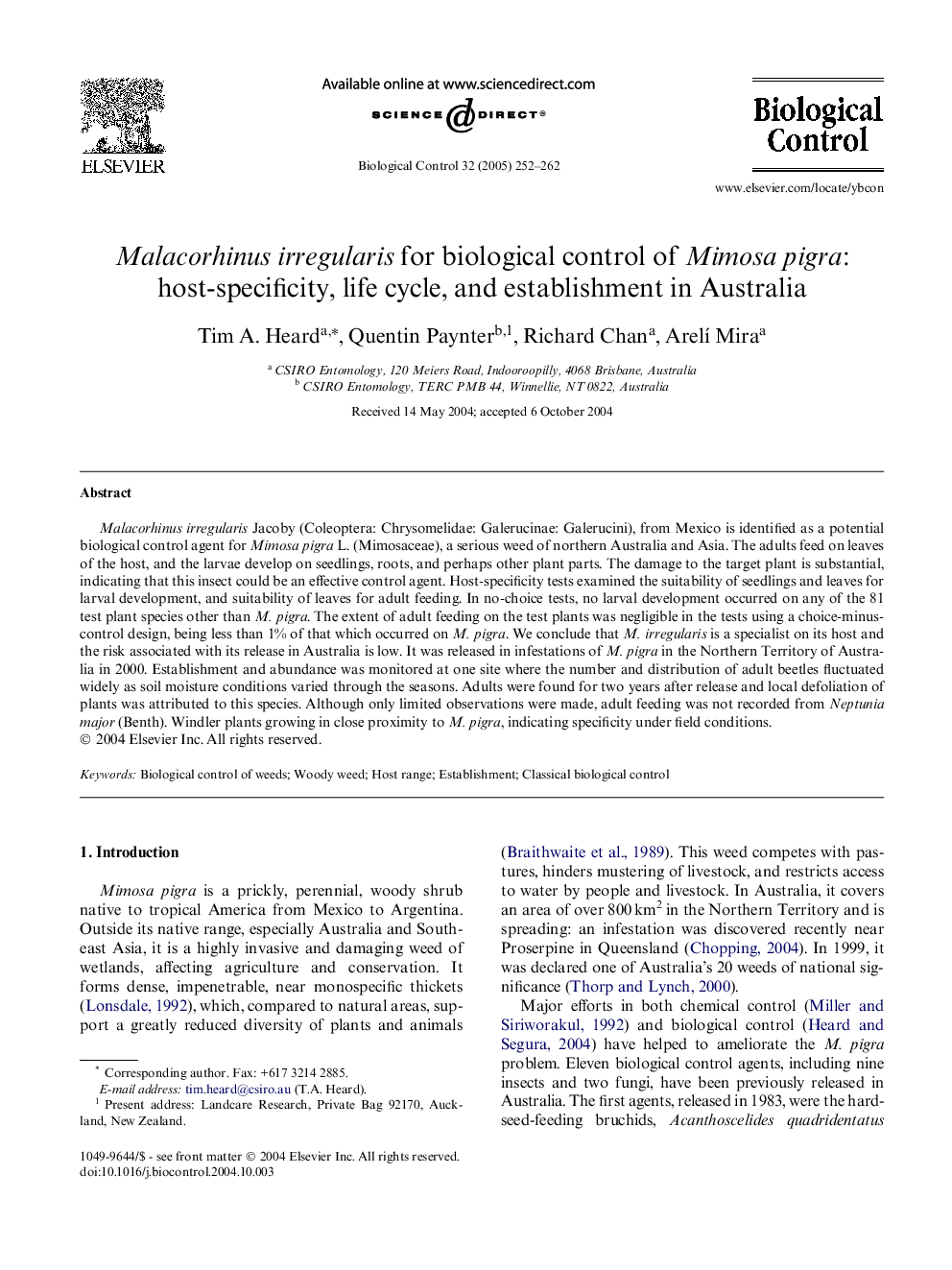 Malacorhinus irregularis for biological control of Mimosa pigra: host-specificity, life cycle, and establishment in Australia