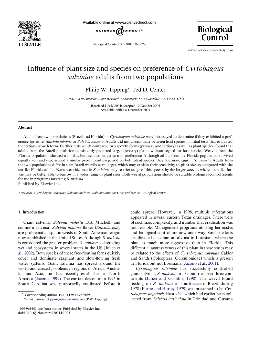 Influence of plant size and species on preference of Cyrtobagous salviniae adults from two populations