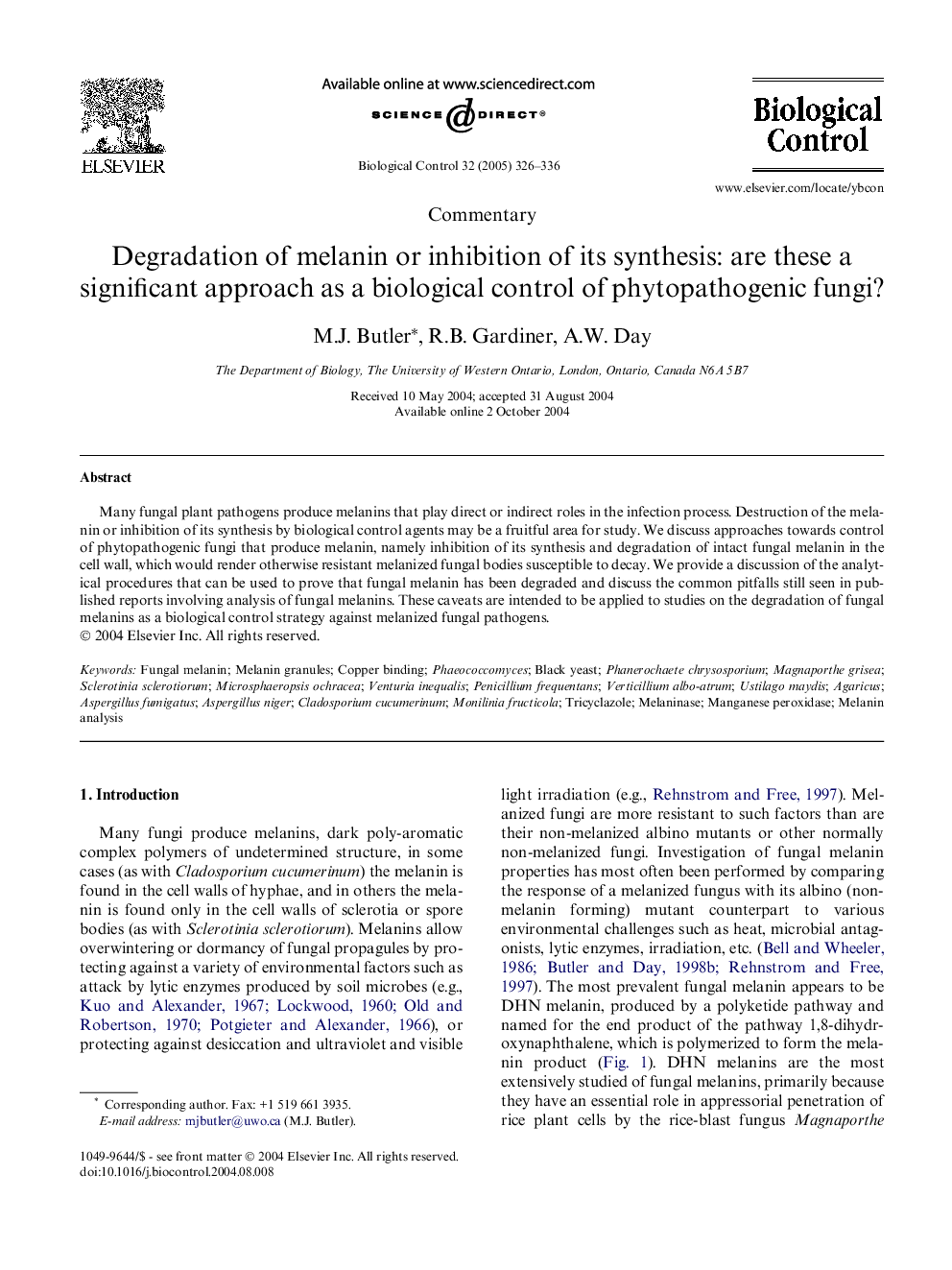 Degradation of melanin or inhibition of its synthesis: are these a significant approach as a biological control of phytopathogenic fungi?