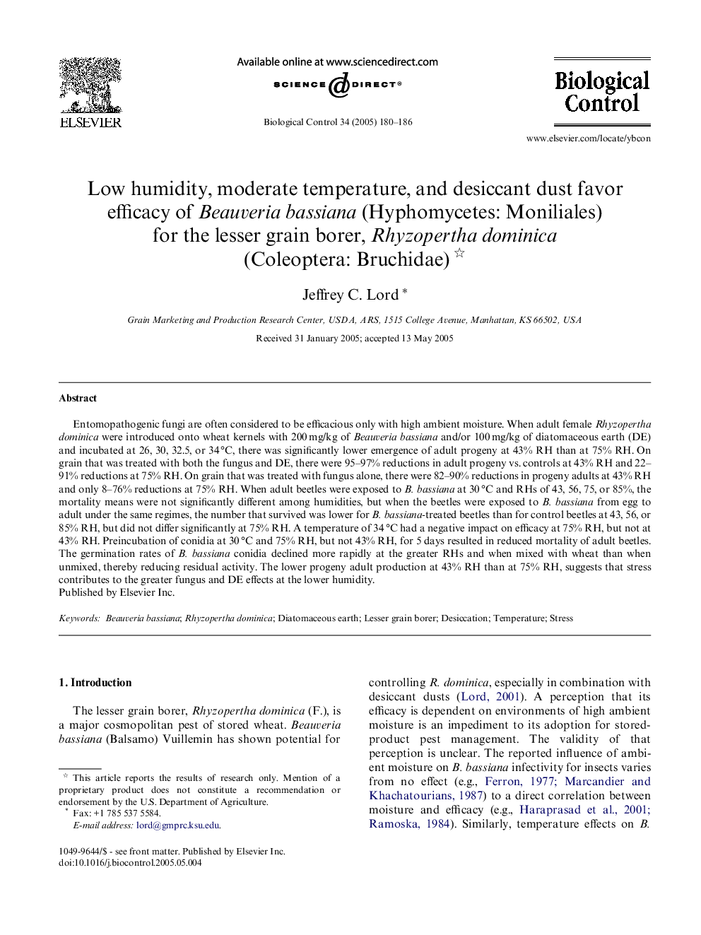 Low humidity, moderate temperature, and desiccant dust favor efficacy of Beauveria bassiana (Hyphomycetes: Moniliales) for the lesser grain borer, Rhyzopertha dominica (Coleoptera: Bruchidae)