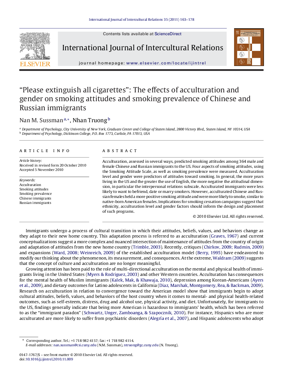 “Please extinguish all cigarettes”: The effects of acculturation and gender on smoking attitudes and smoking prevalence of Chinese and Russian immigrants