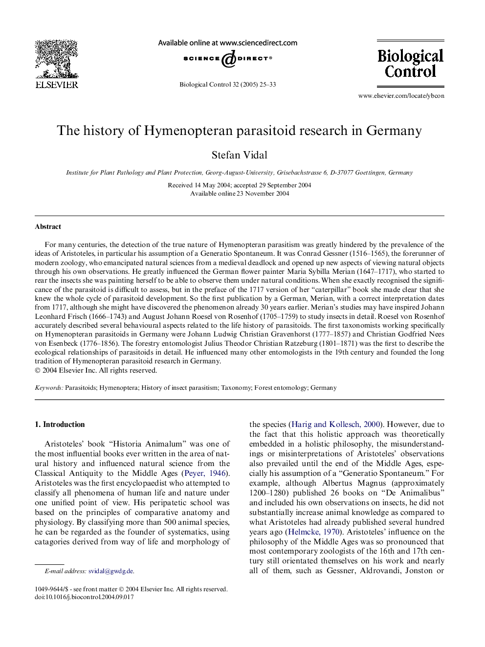 The history of Hymenopteran parasitoid research in Germany