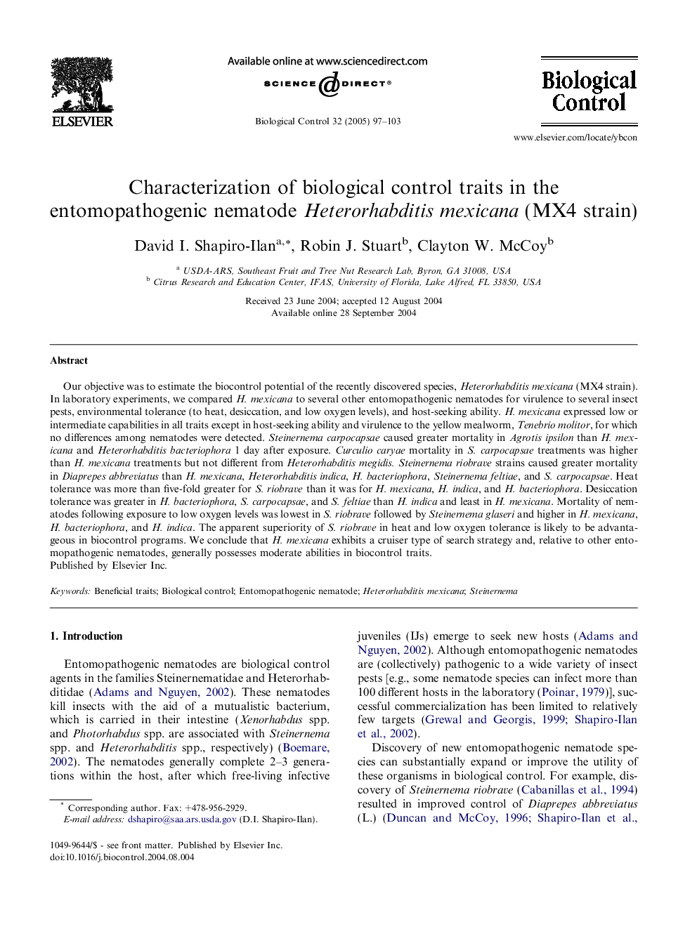 Characterization of biological control traits in the entomopathogenic nematode Heterorhabditis mexicana (MX4 strain)