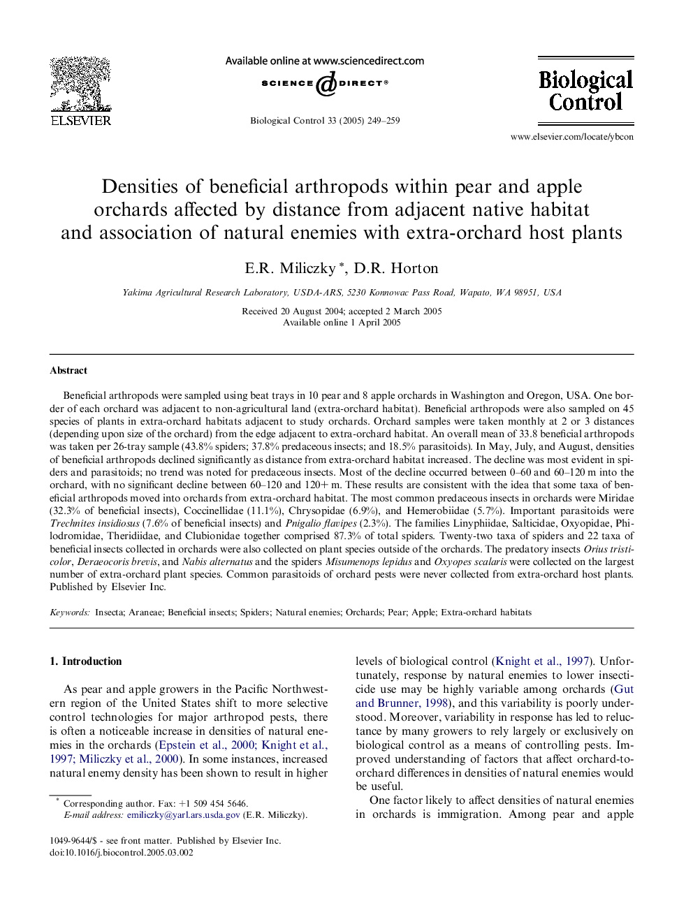 Densities of beneficial arthropods within pear and apple orchards affected by distance from adjacent native habitat and association of natural enemies with extra-orchard host plants