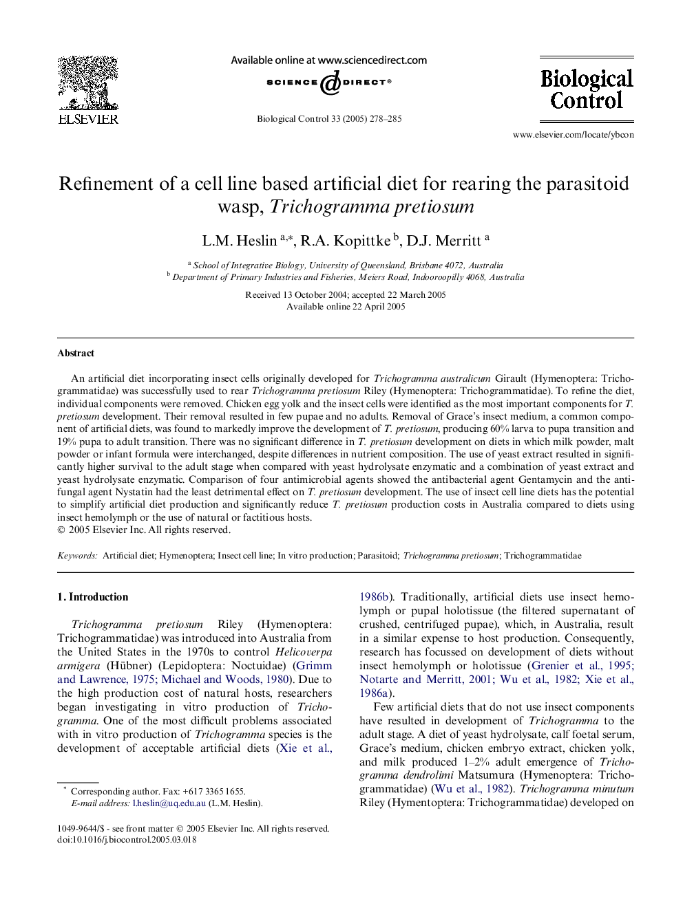 Refinement of a cell line based artificial diet for rearing the parasitoid wasp, Trichogramma pretiosum