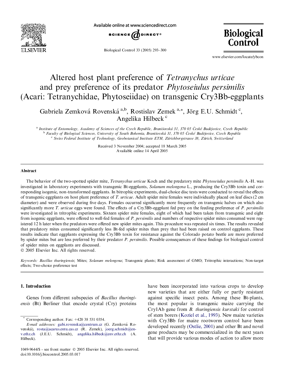Altered host plant preference of Tetranychus urticae and prey preference of its predator Phytoseiulus persimilis (Acari: Tetranychidae, Phytoseiidae) on transgenic Cry3Bb-eggplants