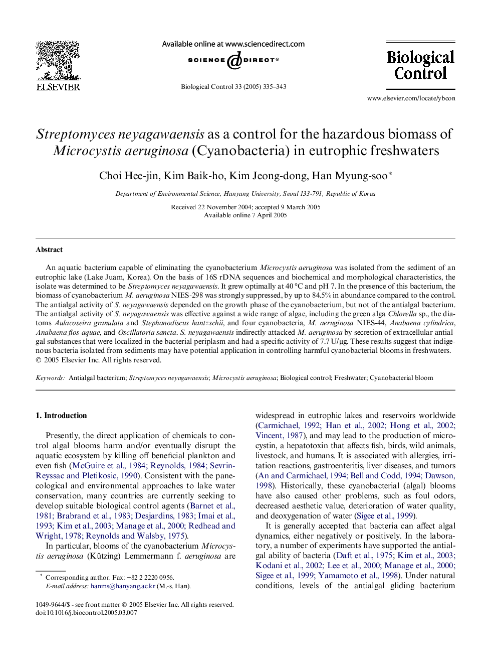 Streptomyces neyagawaensis as a control for the hazardous biomass of Microcystis aeruginosa (Cyanobacteria) in eutrophic freshwaters