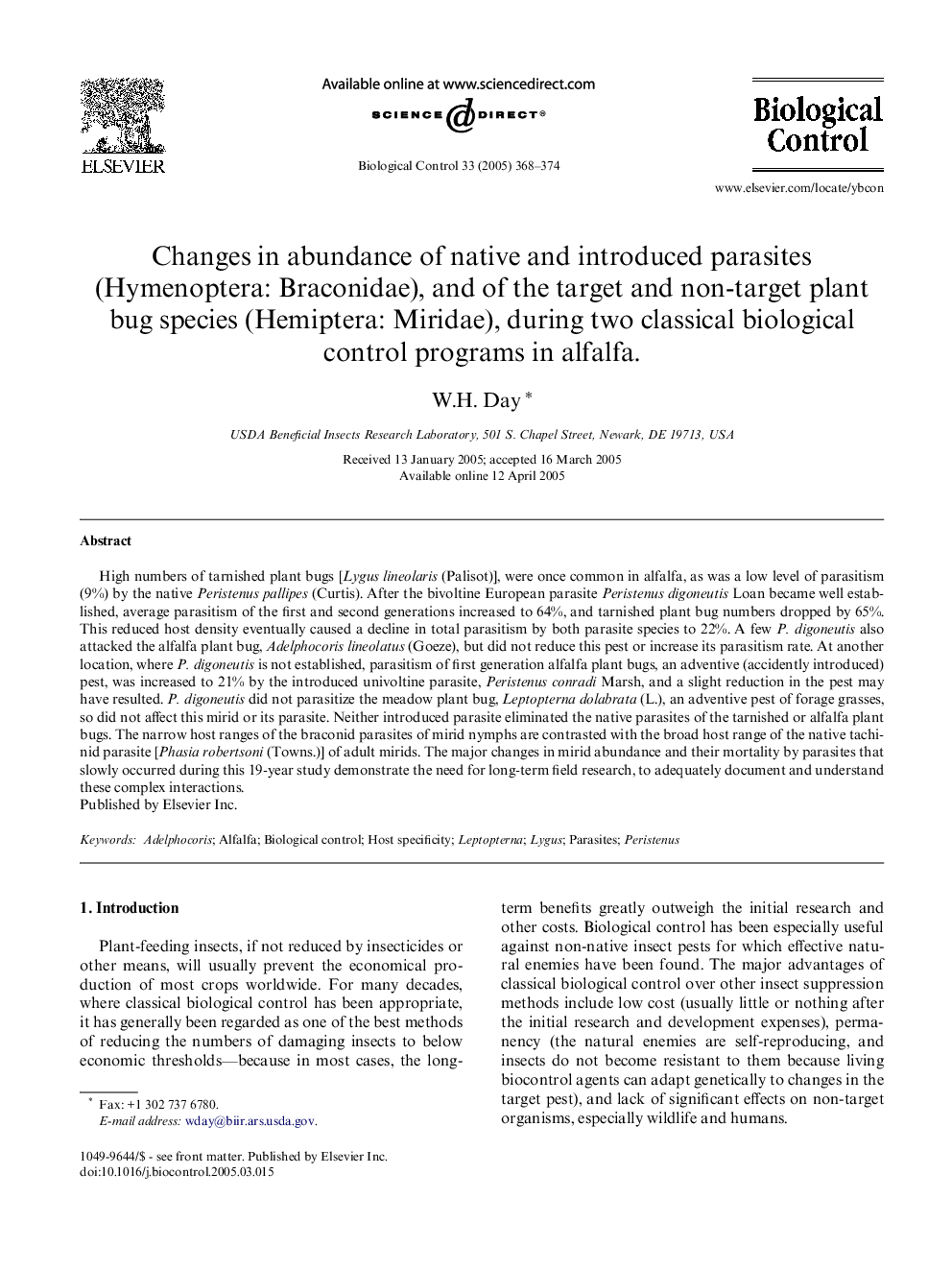 Changes in abundance of native and introduced parasites (Hymenoptera: Braconidae), and of the target and non-target plant bug species (Hemiptera: Miridae), during two classical biological control programs in alfalfa.