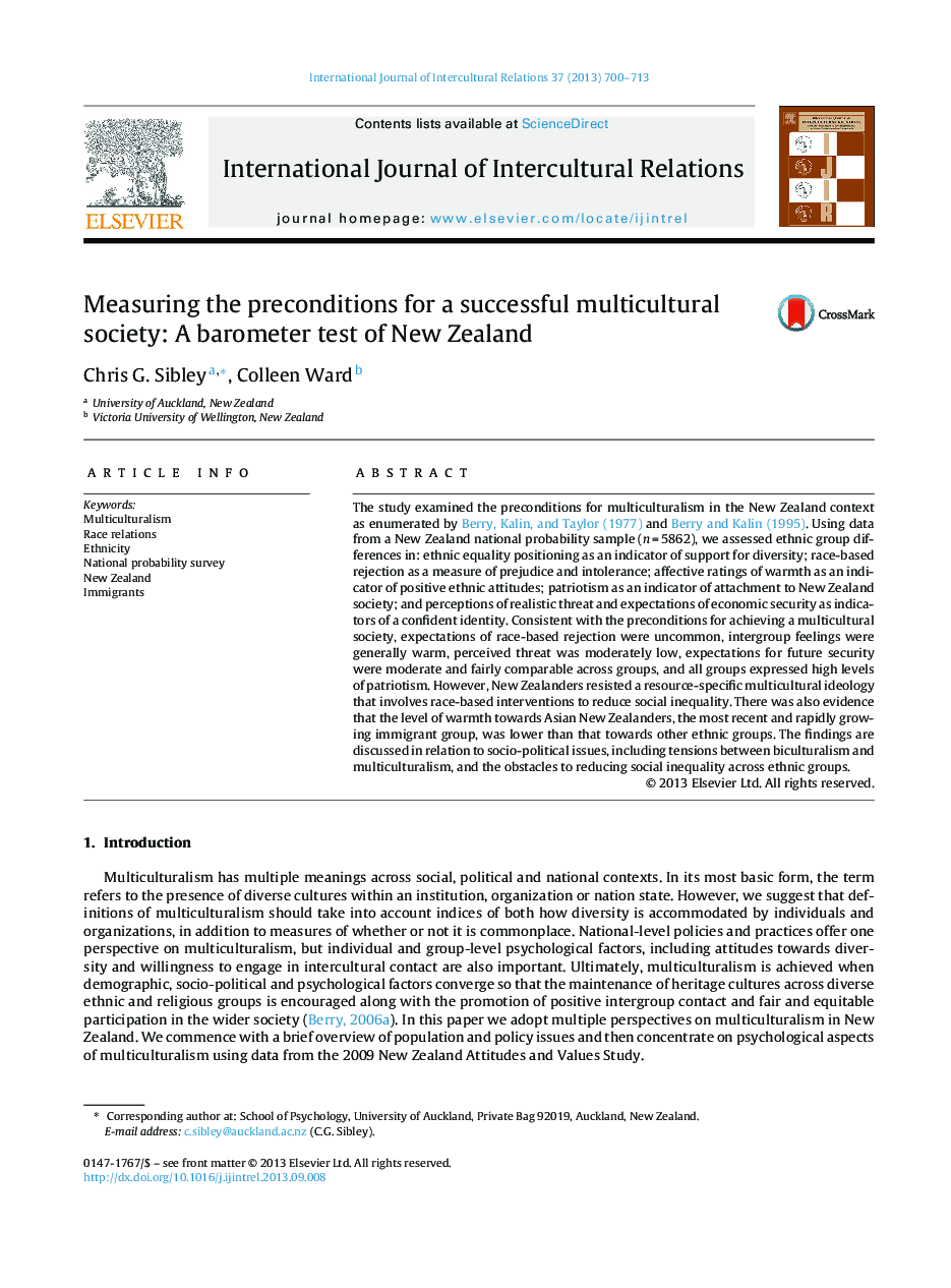 Measuring the preconditions for a successful multicultural society: A barometer test of New Zealand