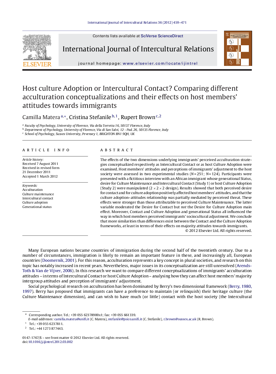 Host culture Adoption or Intercultural Contact? Comparing different acculturation conceptualizations and their effects on host members’ attitudes towards immigrants