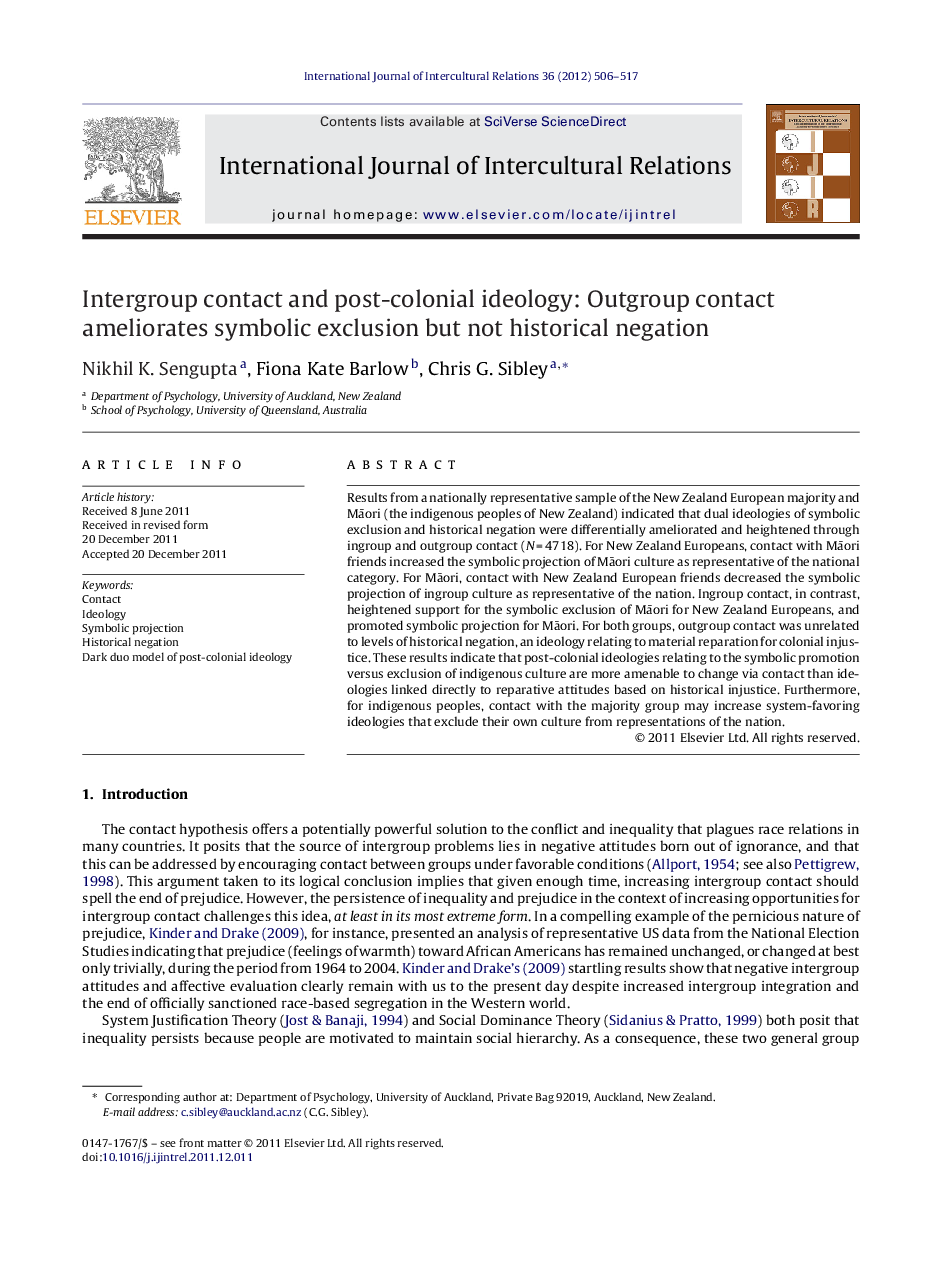 Intergroup contact and post-colonial ideology: Outgroup contact ameliorates symbolic exclusion but not historical negation