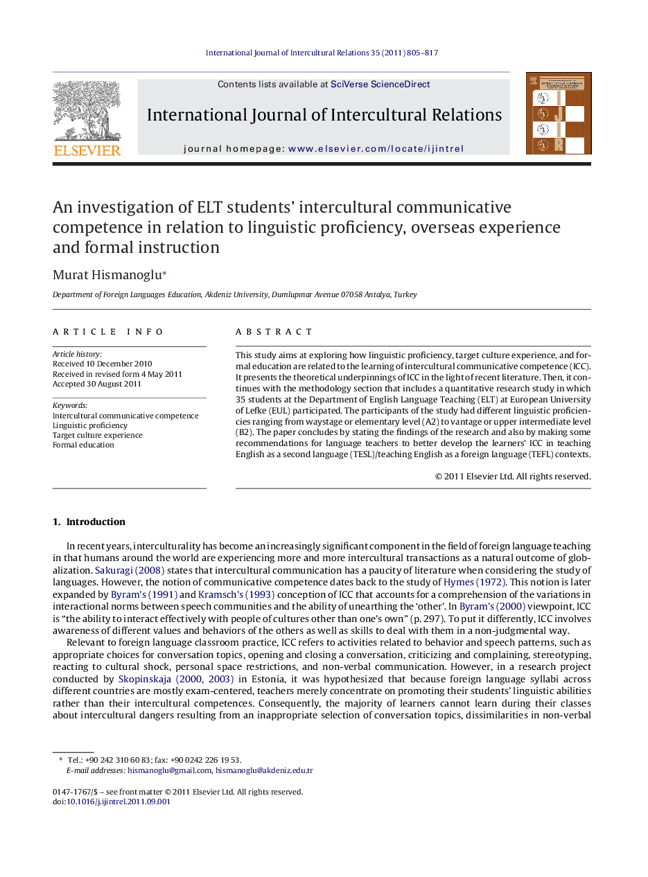 An investigation of ELT students’ intercultural communicative competence in relation to linguistic proficiency, overseas experience and formal instruction