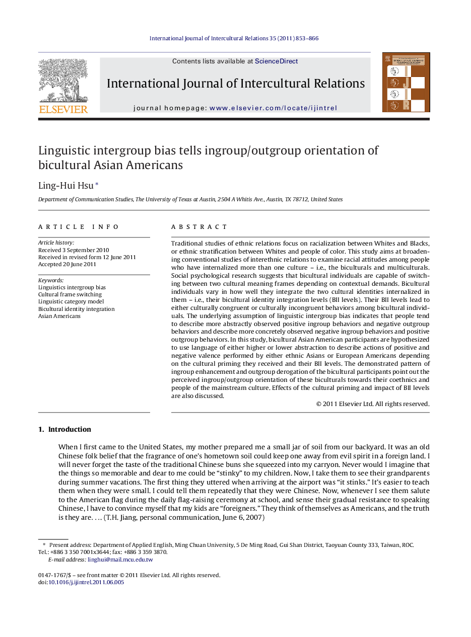 Linguistic intergroup bias tells ingroup/outgroup orientation of bicultural Asian Americans