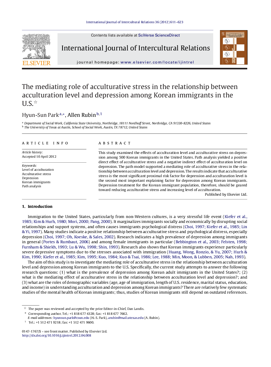 The mediating role of acculturative stress in the relationship between acculturation level and depression among Korean immigrants in the U.S. 