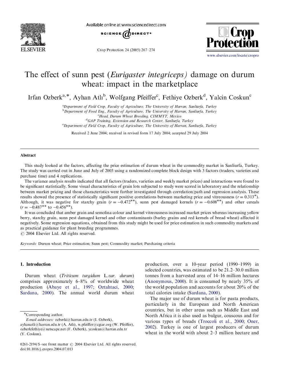 The effect of sunn pest (Eurigaster integriceps) damage on durum wheat: impact in the marketplace