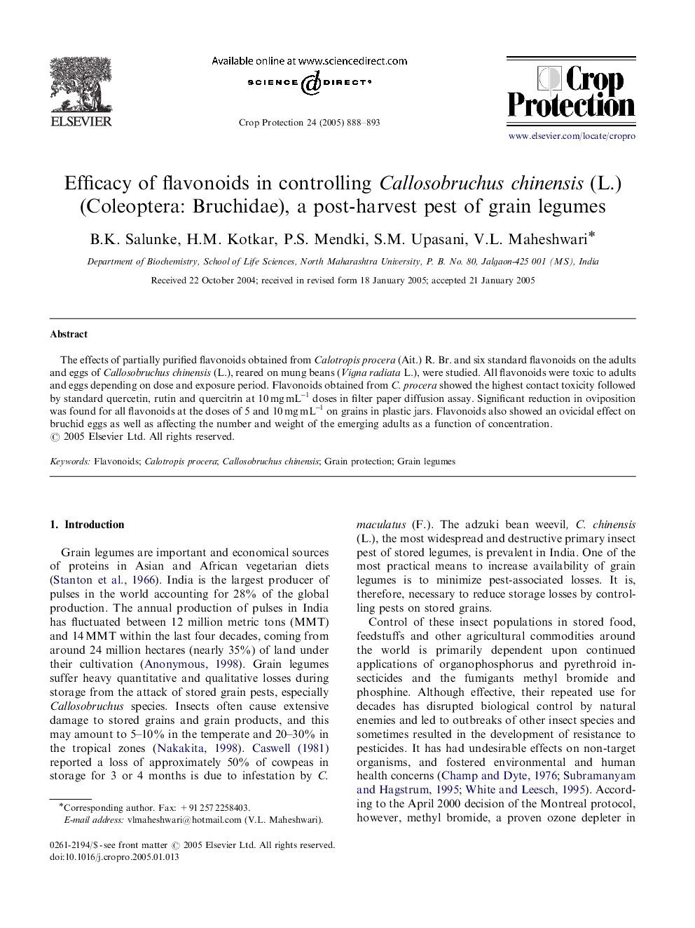 Efficacy of flavonoids in controlling Callosobruchus chinensis (L.) (Coleoptera: Bruchidae), a post-harvest pest of grain legumes