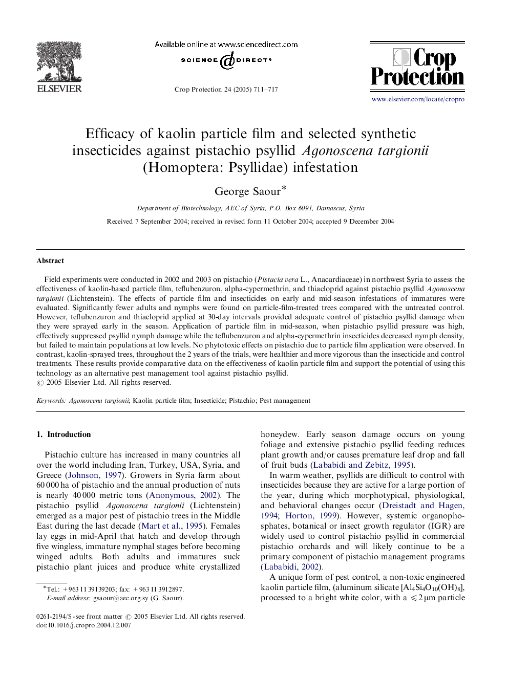 Efficacy of kaolin particle film and selected synthetic insecticides against pistachio psyllid Agonoscena targionii (Homoptera: Psyllidae) infestation