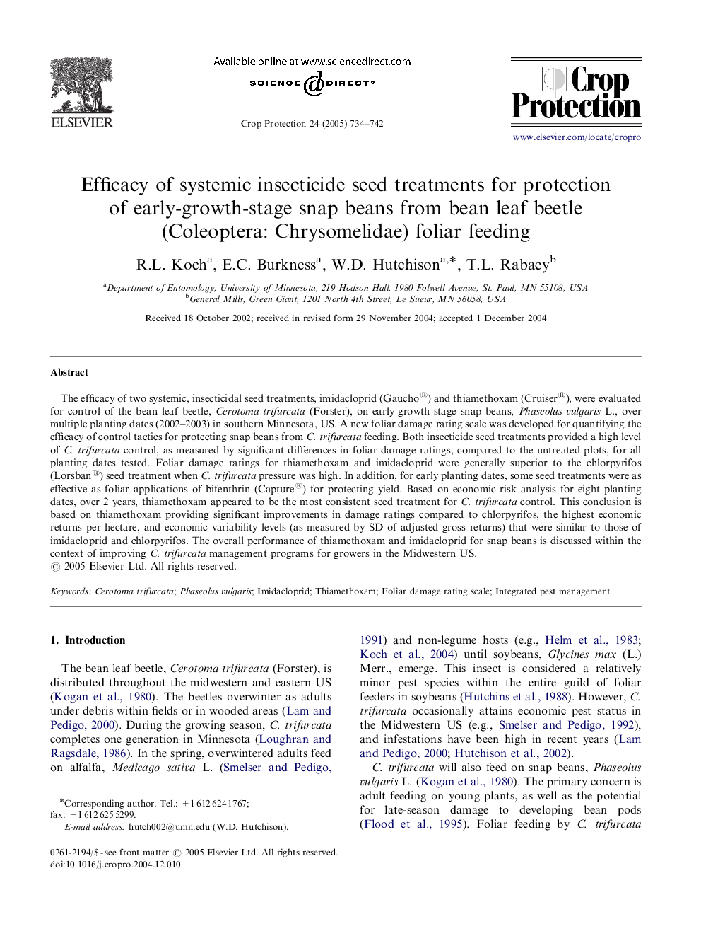 Efficacy of systemic insecticide seed treatments for protection of early-growth-stage snap beans from bean leaf beetle (Coleoptera: Chrysomelidae) foliar feeding