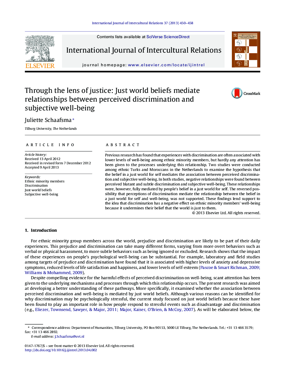 Through the lens of justice: Just world beliefs mediate relationships between perceived discrimination and subjective well-being