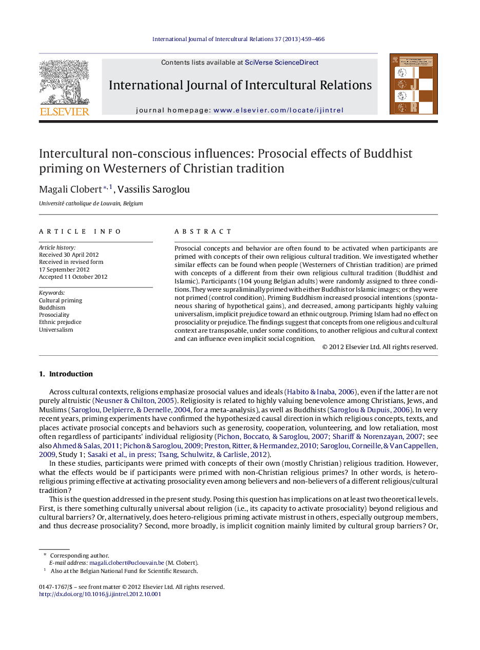 Intercultural non-conscious influences: Prosocial effects of Buddhist priming on Westerners of Christian tradition