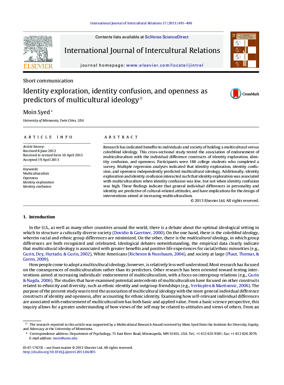 Identity exploration, identity confusion, and openness as predictors of multicultural ideology 