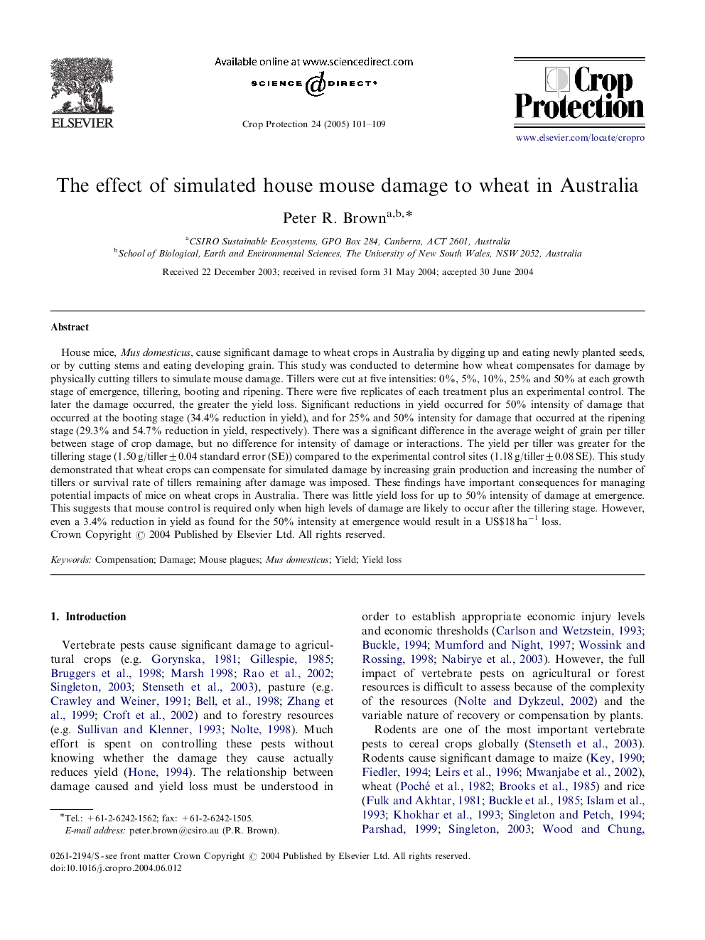 The effect of simulated house mouse damage to wheat in Australia