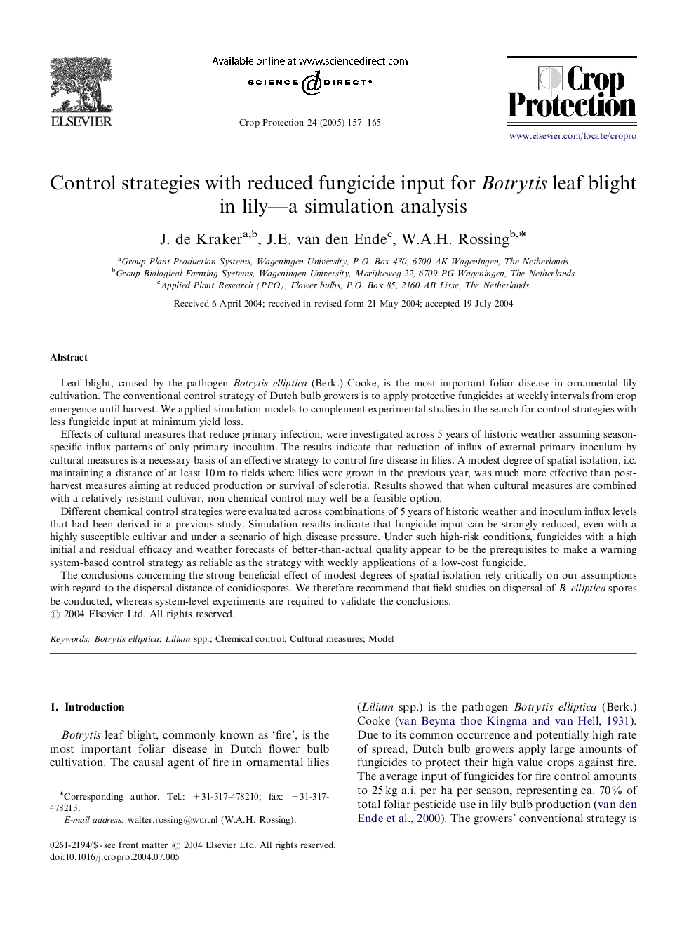 Control strategies with reduced fungicide input for Botrytis leaf blight in lily-a simulation analysis