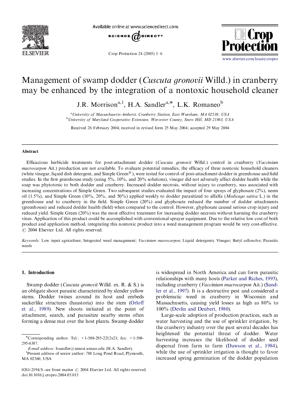 Management of swamp dodder (Cuscuta gronovii Willd.) in cranberry may be enhanced by the integration of a nontoxic household cleaner