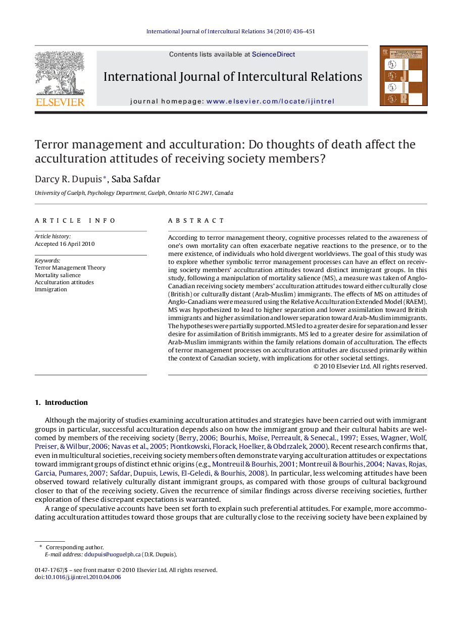 Terror management and acculturation: Do thoughts of death affect the acculturation attitudes of receiving society members?