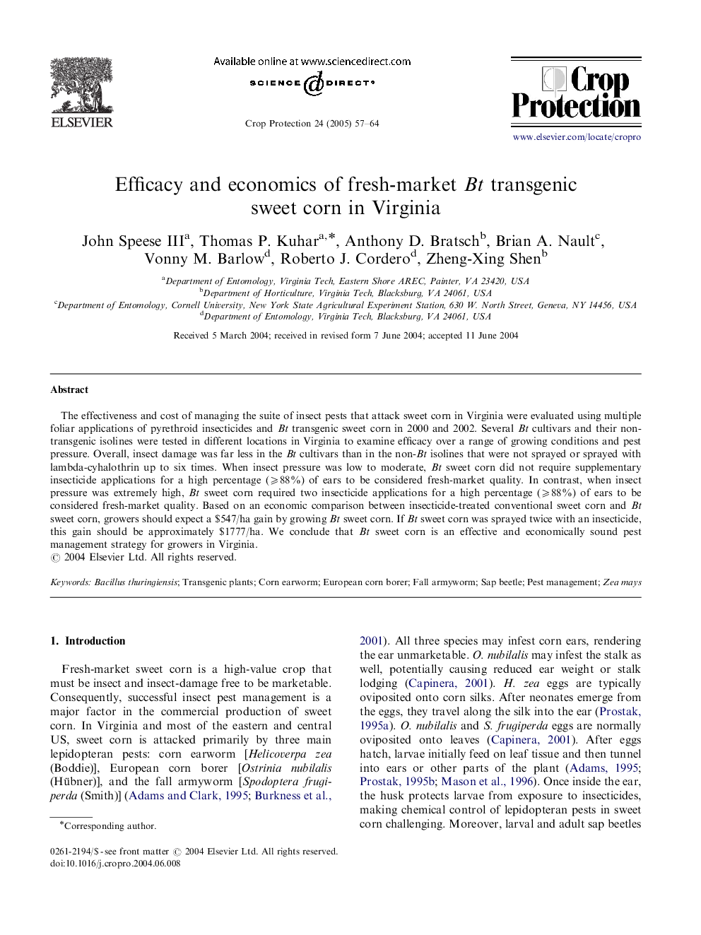 Efficacy and economics of fresh-market Bt transgenic sweet corn in Virginia