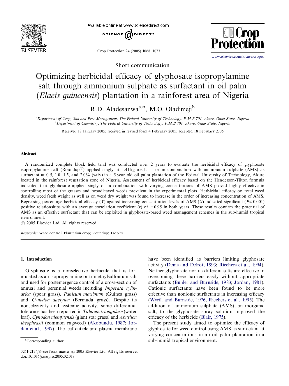 Optimizing herbicidal efficacy of glyphosate isopropylamine salt through ammonium sulphate as surfactant in oil palm (Elaeis guineensis) plantation in a rainforest area of Nigeria