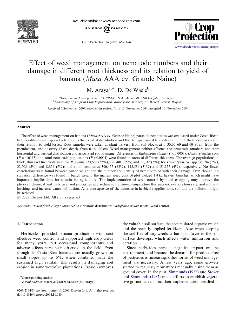 Effect of weed management on nematode numbers and their damage in different root thickness and its relation to yield of banana (Musa AAA cv. Grande Naine)