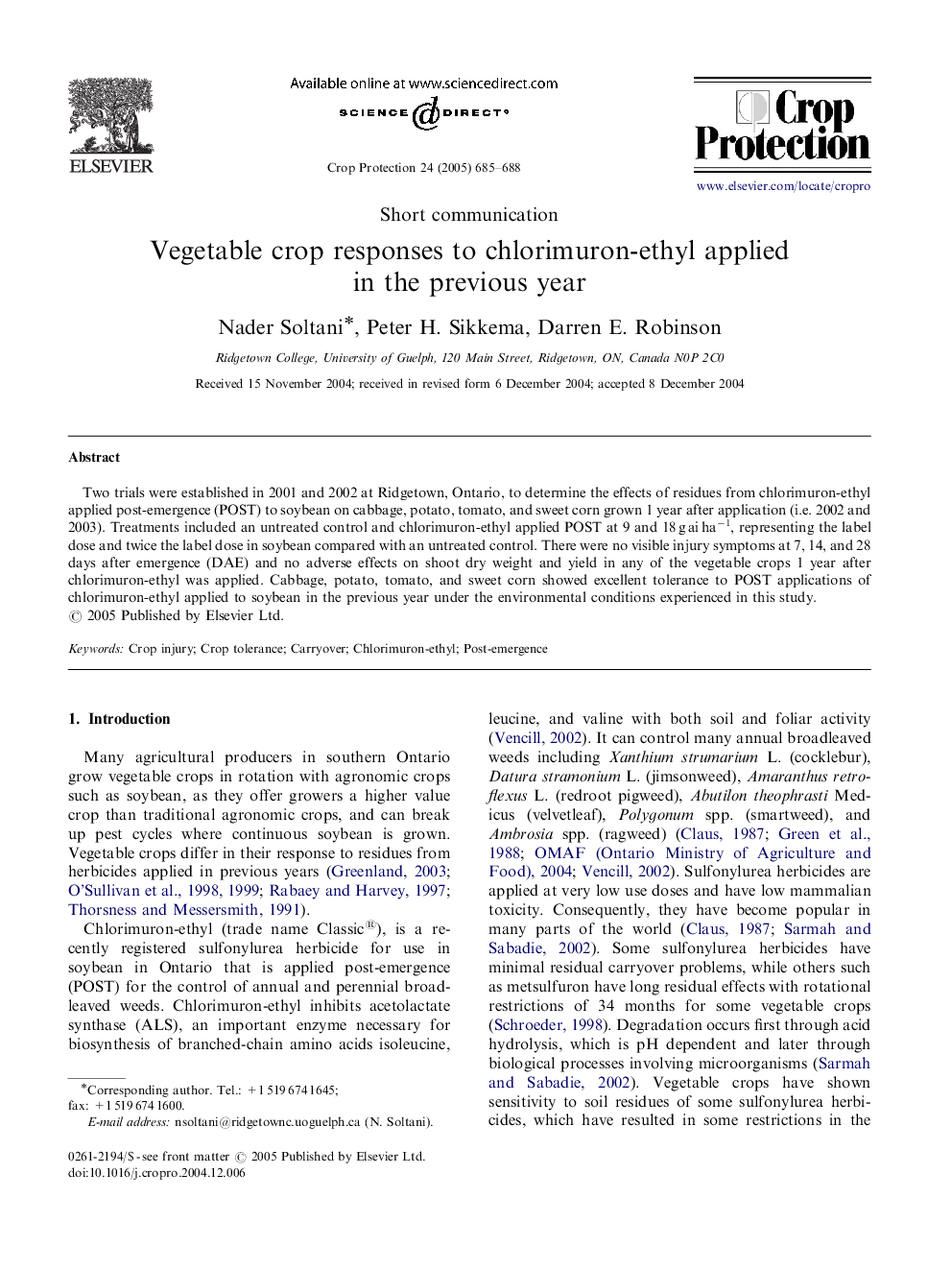 Vegetable crop responses to chlorimuron-ethyl applied in the previous year