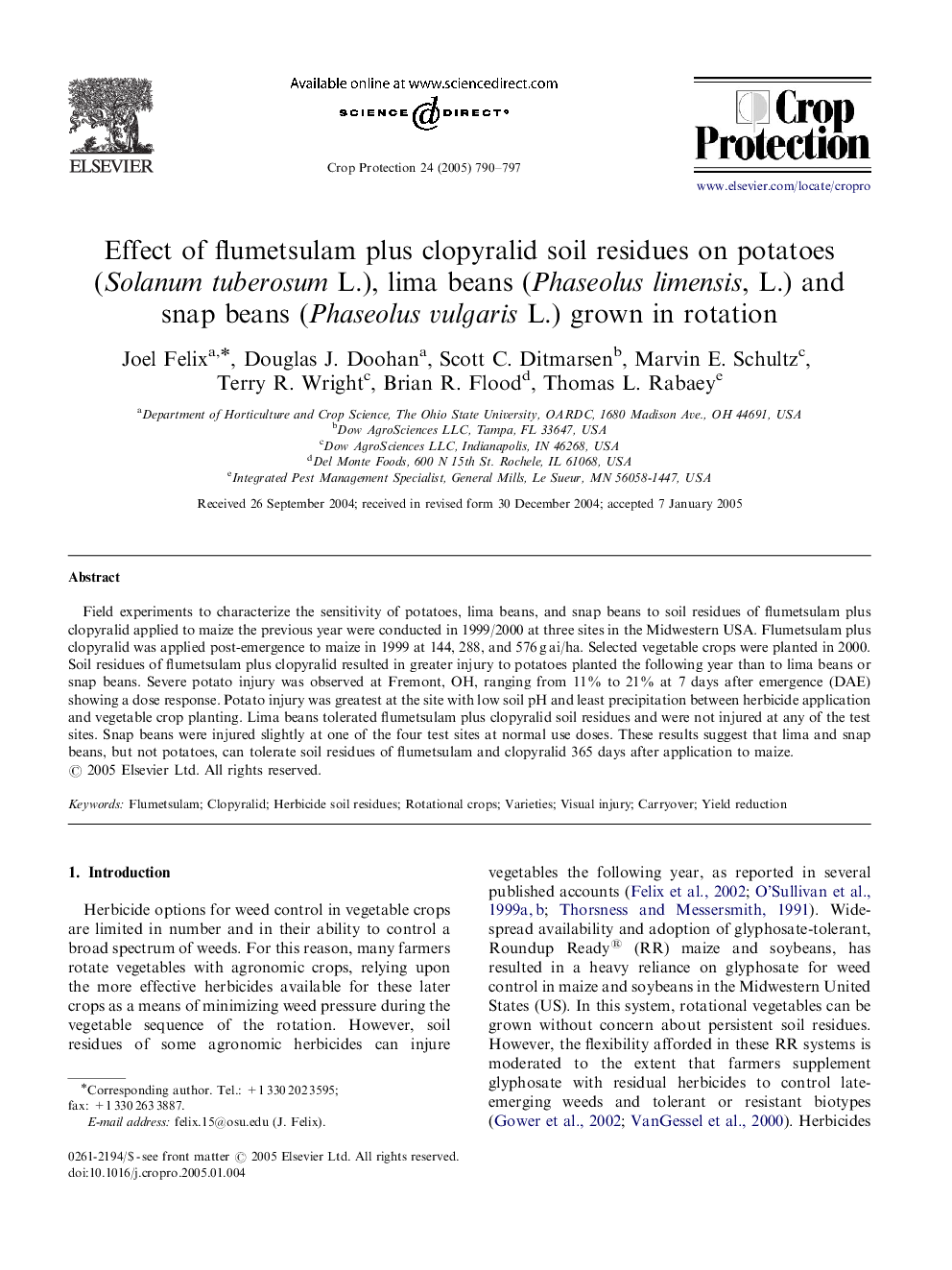 Effect of flumetsulam plus clopyralid soil residues on potatoes (Solanum tuberosum L.), lima beans (Phaseolus limensis, L.) and snap beans (Phaseolus vulgaris L.) grown in rotation