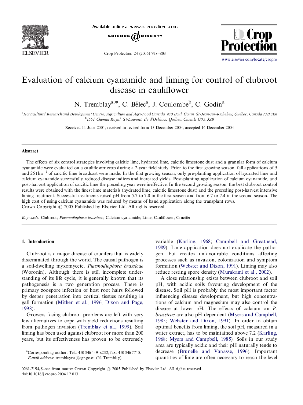 Evaluation of calcium cyanamide and liming for control of clubroot disease in cauliflower