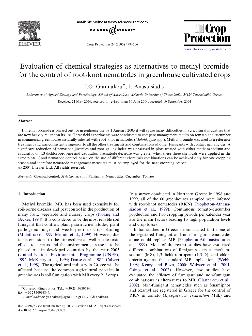 Evaluation of chemical strategies as alternatives to methyl bromide for the control of root-knot nematodes in greenhouse cultivated crops