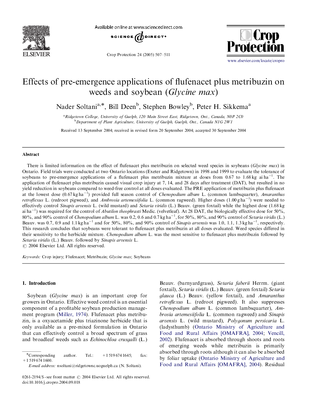 Effects of pre-emergence applications of flufenacet plus metribuzin on weeds and soybean (Glycine max)