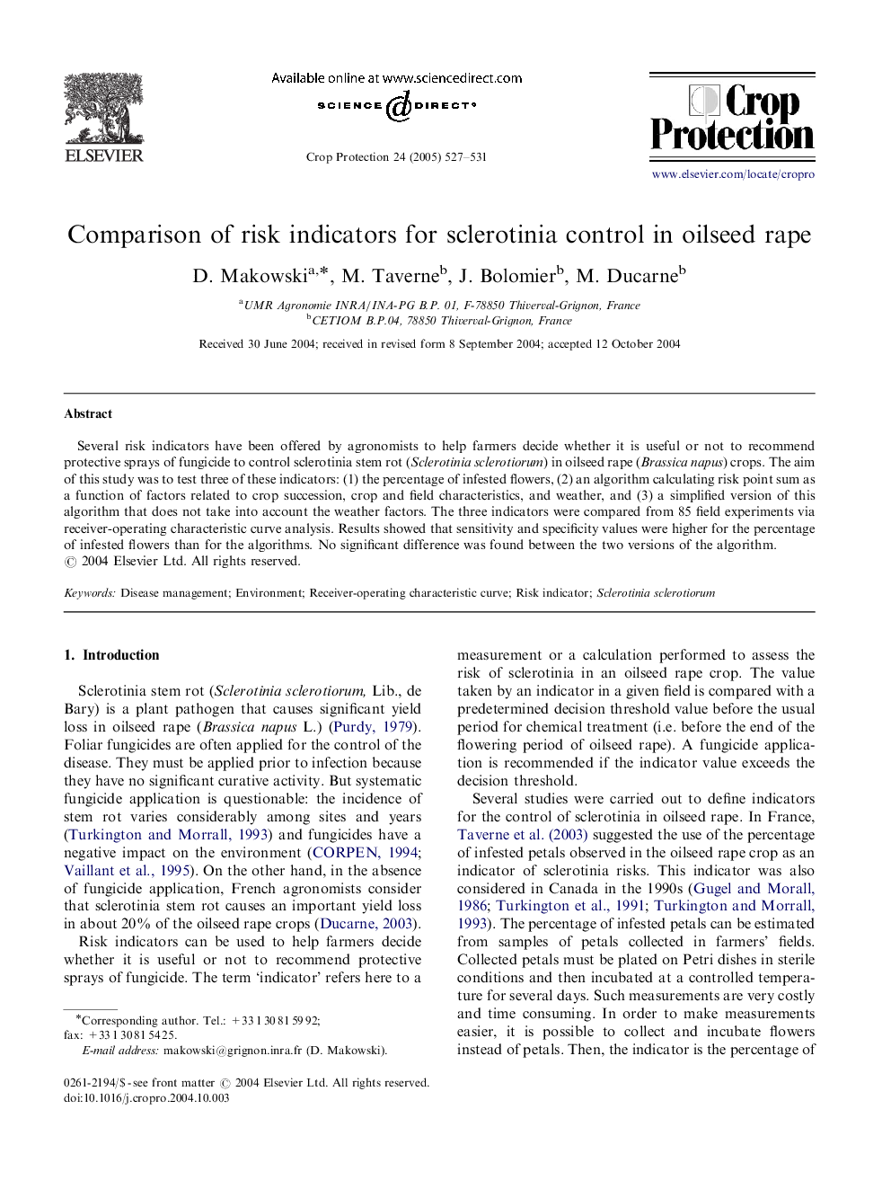 Comparison of risk indicators for sclerotinia control in oilseed rape