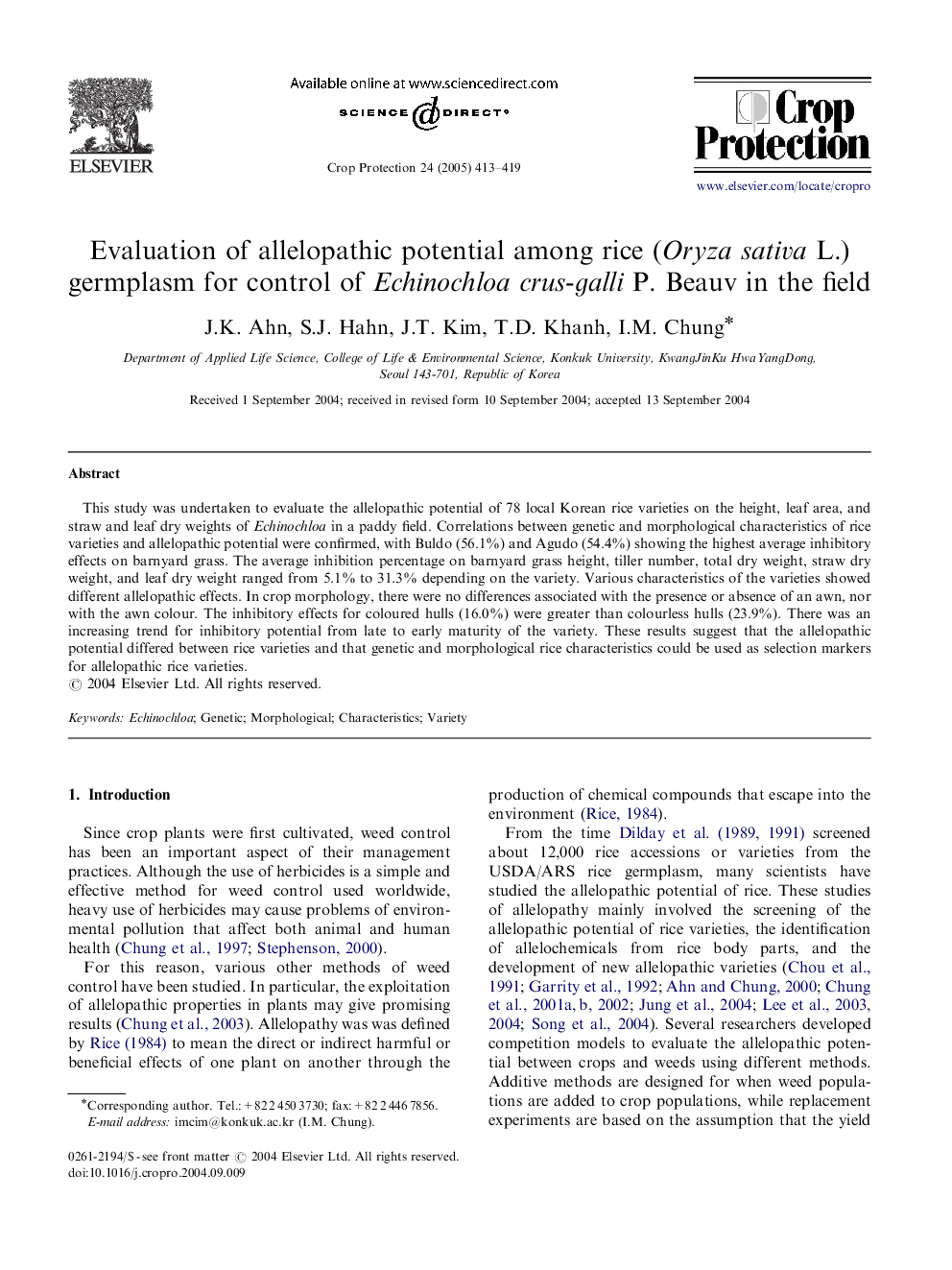 Evaluation of allelopathic potential among rice (Oryza sativa L.) germplasm for control of Echinochloa crus-galli P. Beauv in the field