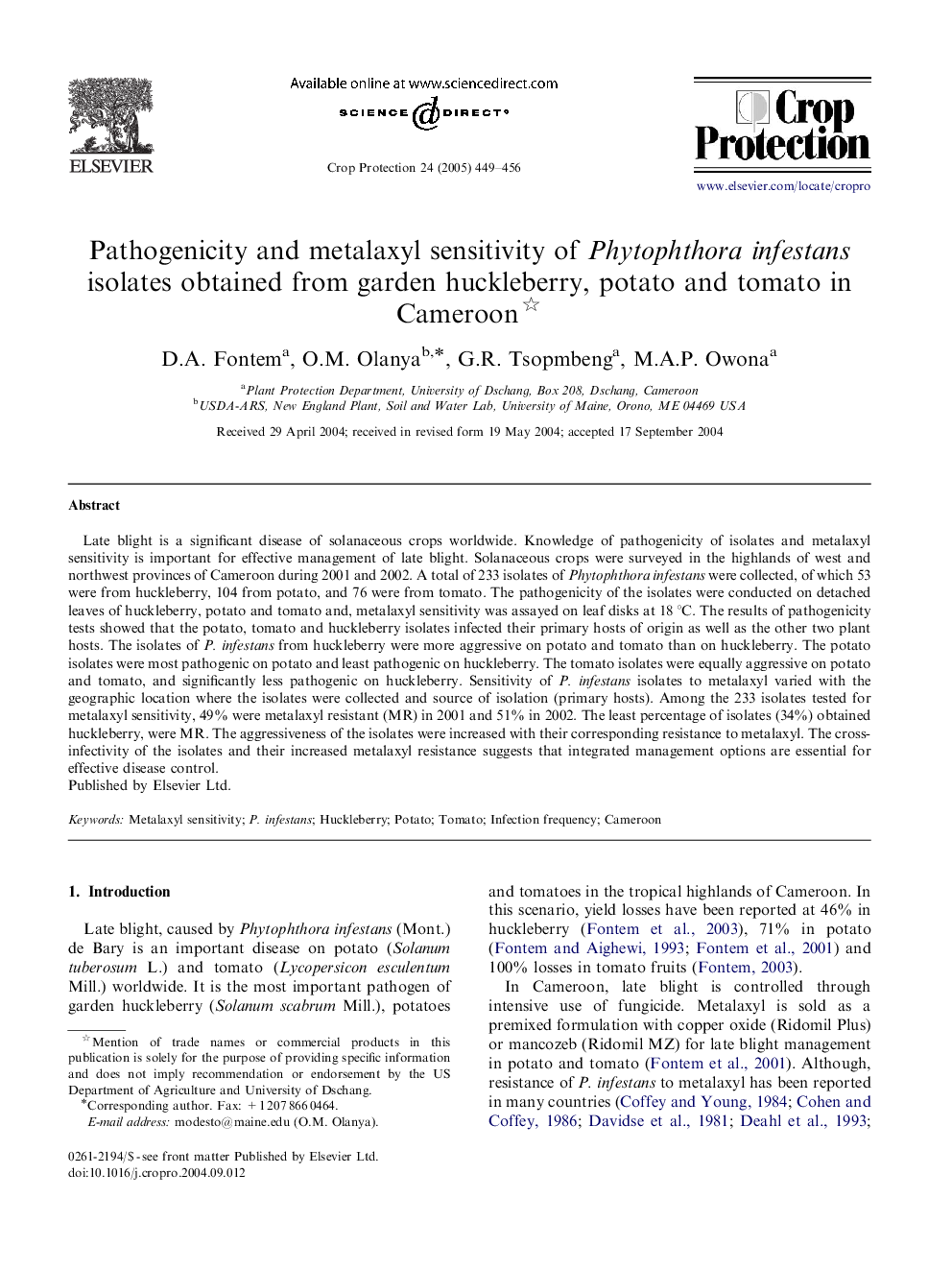 Pathogenicity and metalaxyl sensitivity of Phytophthora infestans isolates obtained from garden huckleberry, potato and tomato in Cameroon