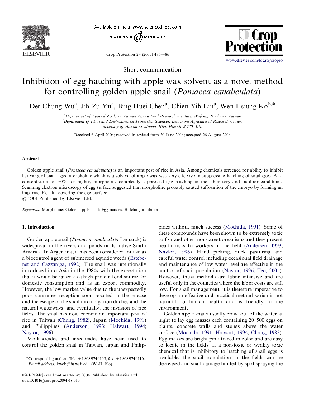 Inhibition of egg hatching with apple wax solvent as a novel method for controlling golden apple snail (Pomacea canaliculata)