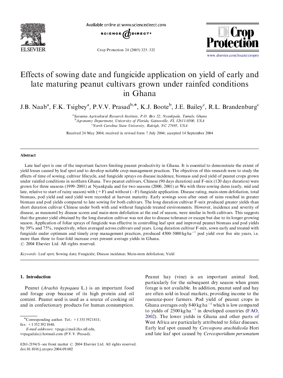 Effects of sowing date and fungicide application on yield of early and late maturing peanut cultivars grown under rainfed conditions in Ghana