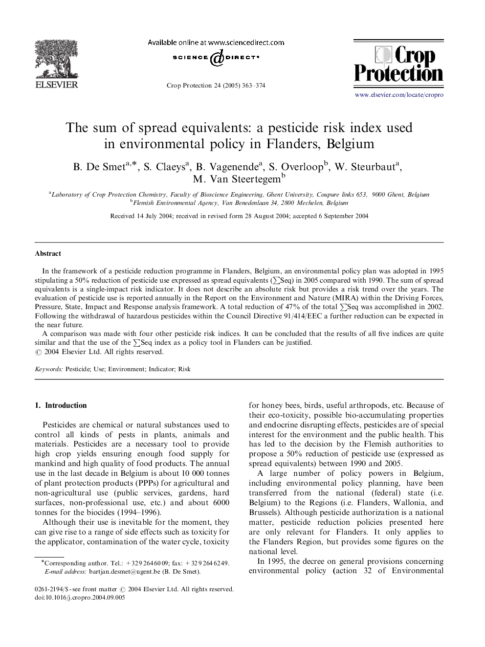 The sum of spread equivalents: a pesticide risk index used in environmental policy in Flanders, Belgium