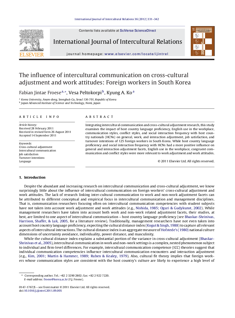 The influence of intercultural communication on cross-cultural adjustment and work attitudes: Foreign workers in South Korea