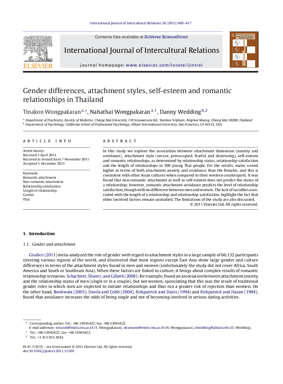 Gender differences, attachment styles, self-esteem and romantic relationships in Thailand